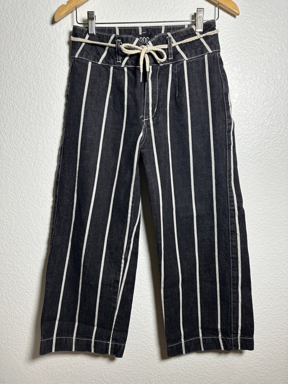 BDG 
Black and White Vertical Stripe Wide-Leg Pants with Drawstring Rope
